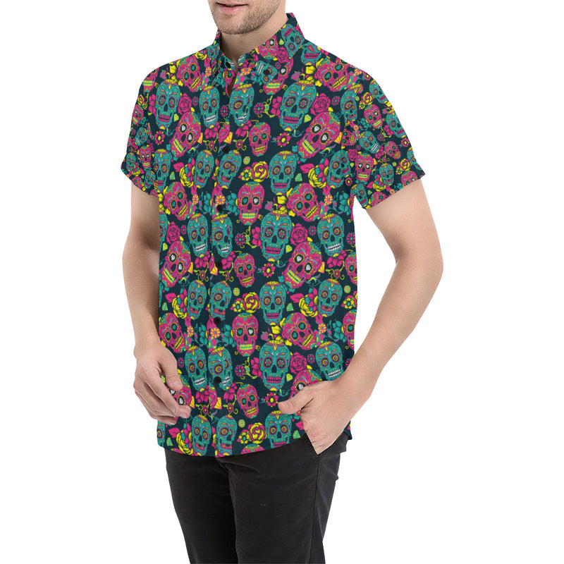 Sugar Skull Floral Design Themed Print Men's Short Sleeve Button Up Shirt