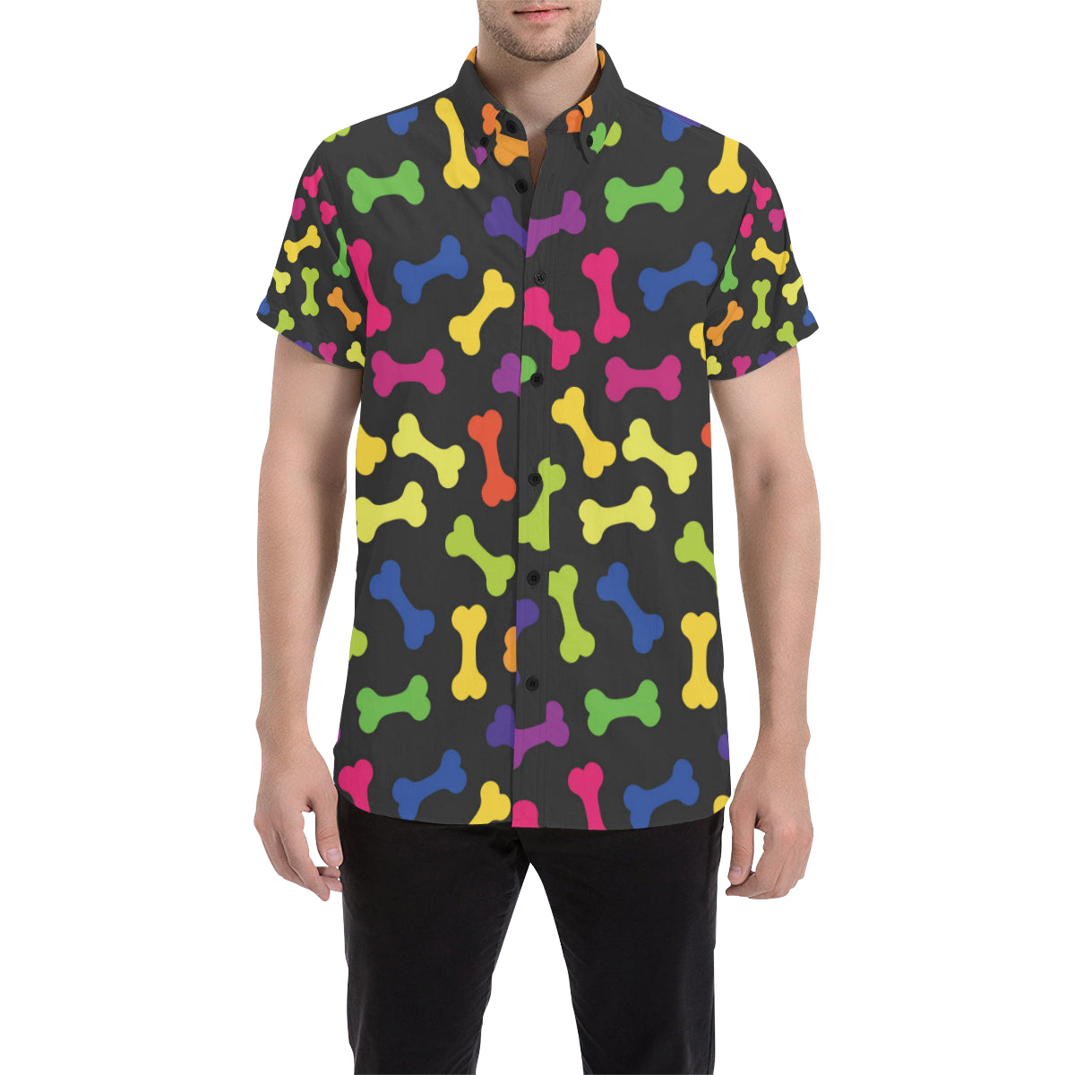 Dog Bone Neon Color Pattern Print Design 02 Men's Short Sleeve Button Up Shirt