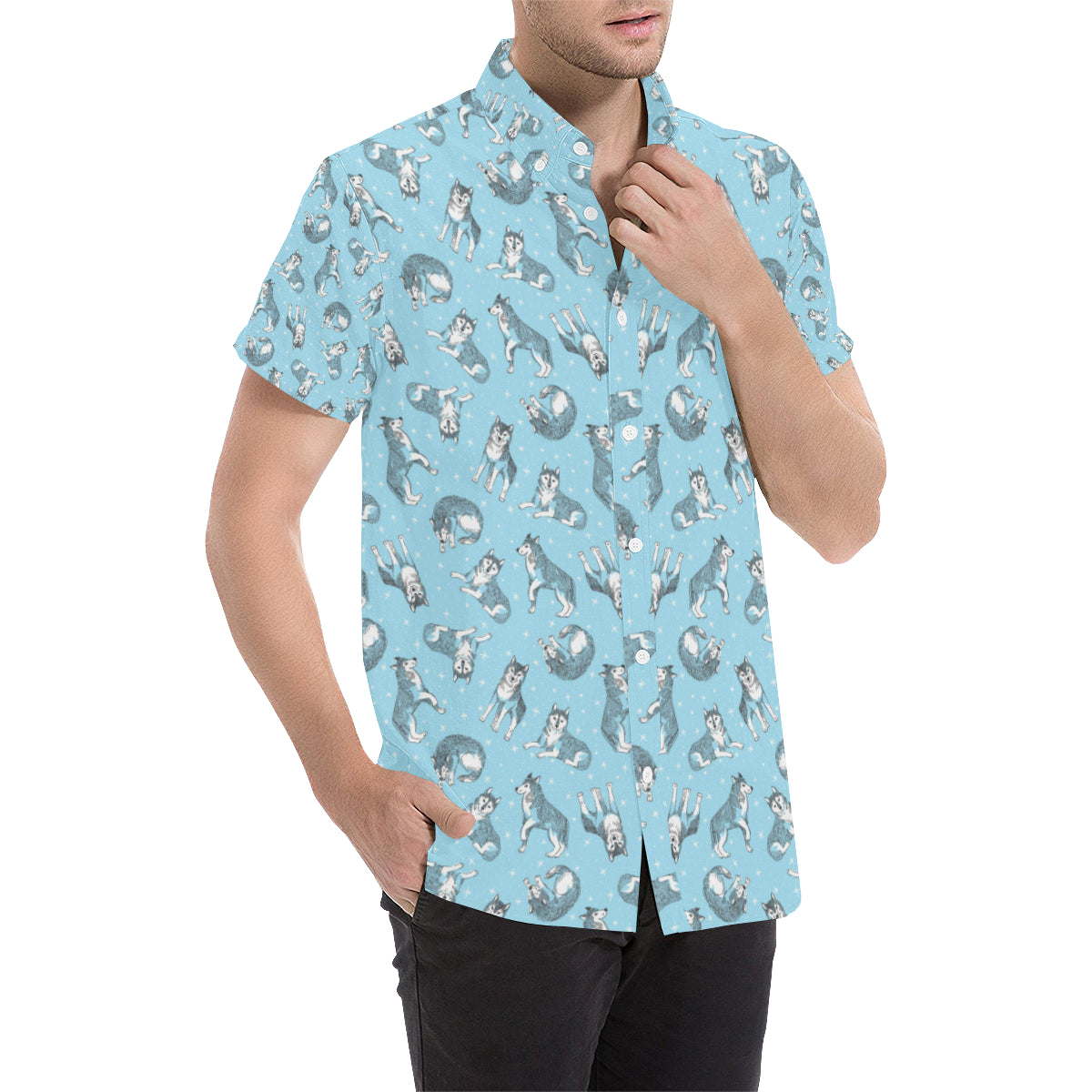 Wolf Design Print Pattern Men's Short Sleeve Button Up Shirt