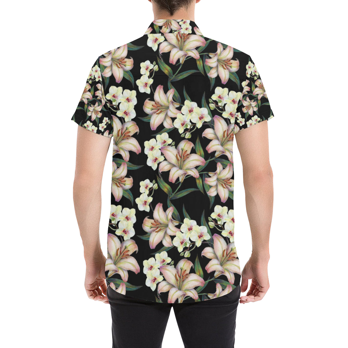 Lily Pattern Print Design LY03 Men's Short Sleeve Button Up Shirt