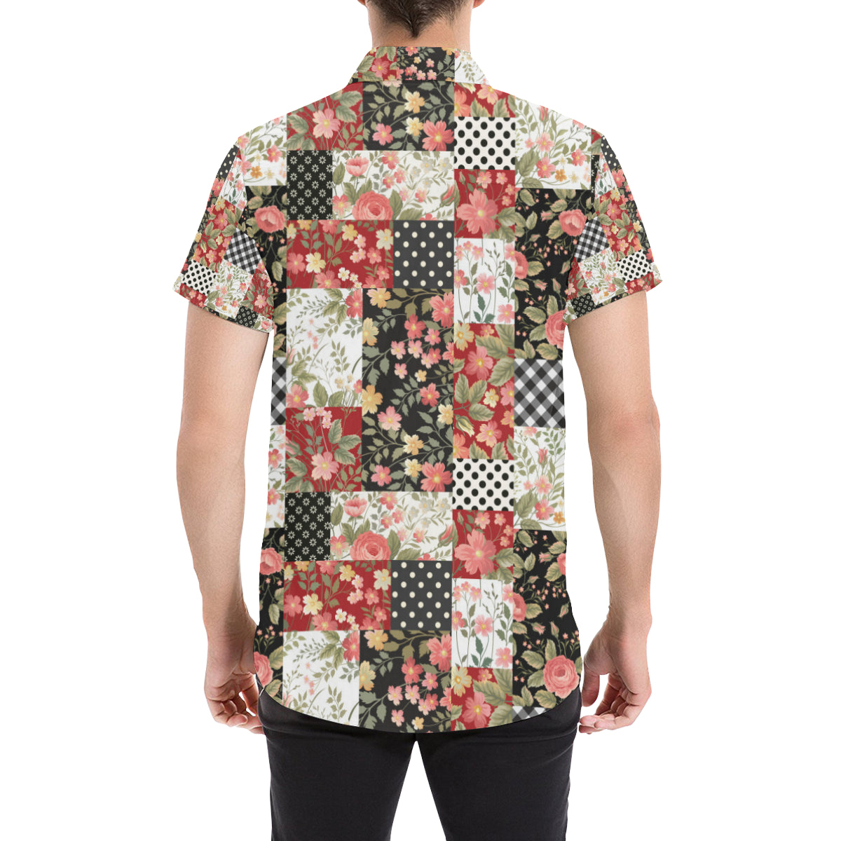 Patchwork Flower Pattern Print Design 03 Men's Short Sleeve Button Up Shirt