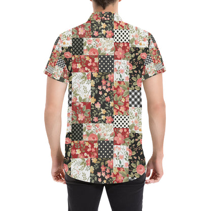 Patchwork Flower Pattern Print Design 03 Men's Short Sleeve Button Up Shirt