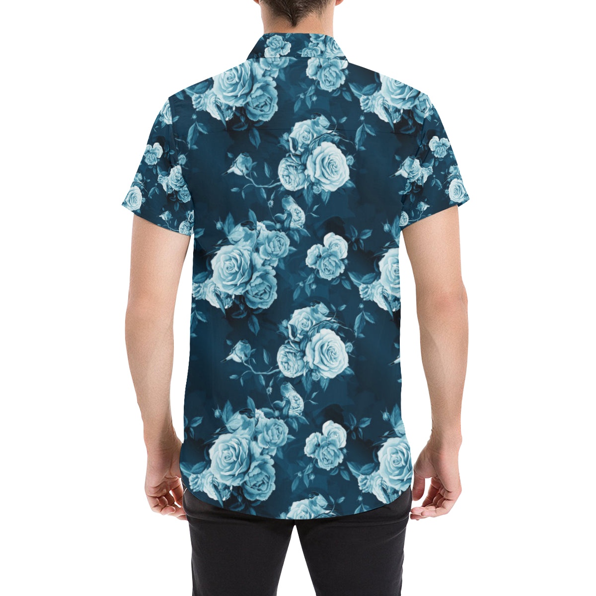 Rose Blue Pattern Print Design RO014 Men's Short Sleeve Button Up Shirt