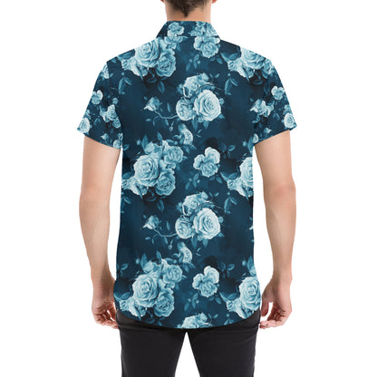 Rose Blue Pattern Print Design RO014 Men's Short Sleeve Button Up Shirt
