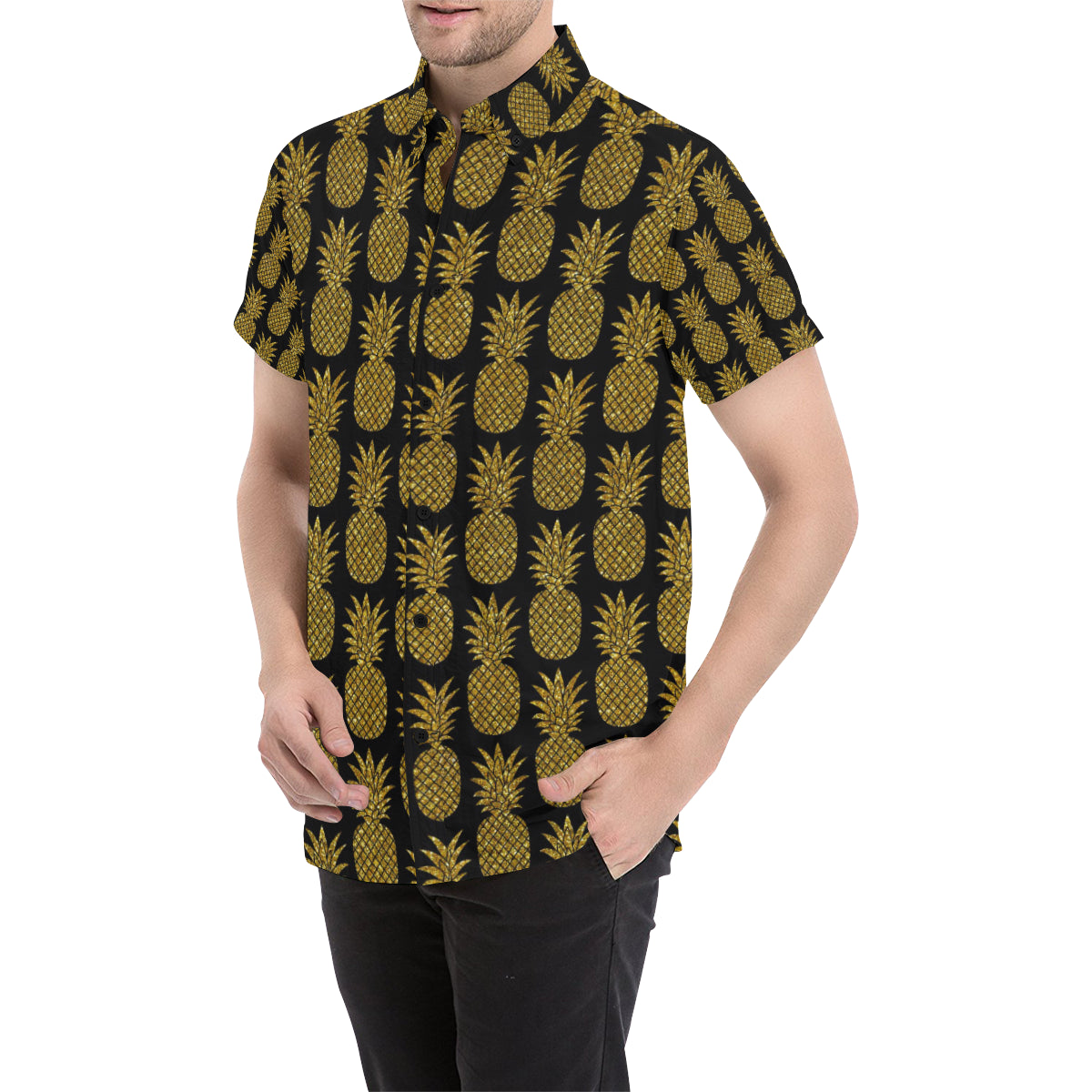 Gold Pineapple Pattern Print Design PP011 Men's Short Sleeve Button Up Shirt
