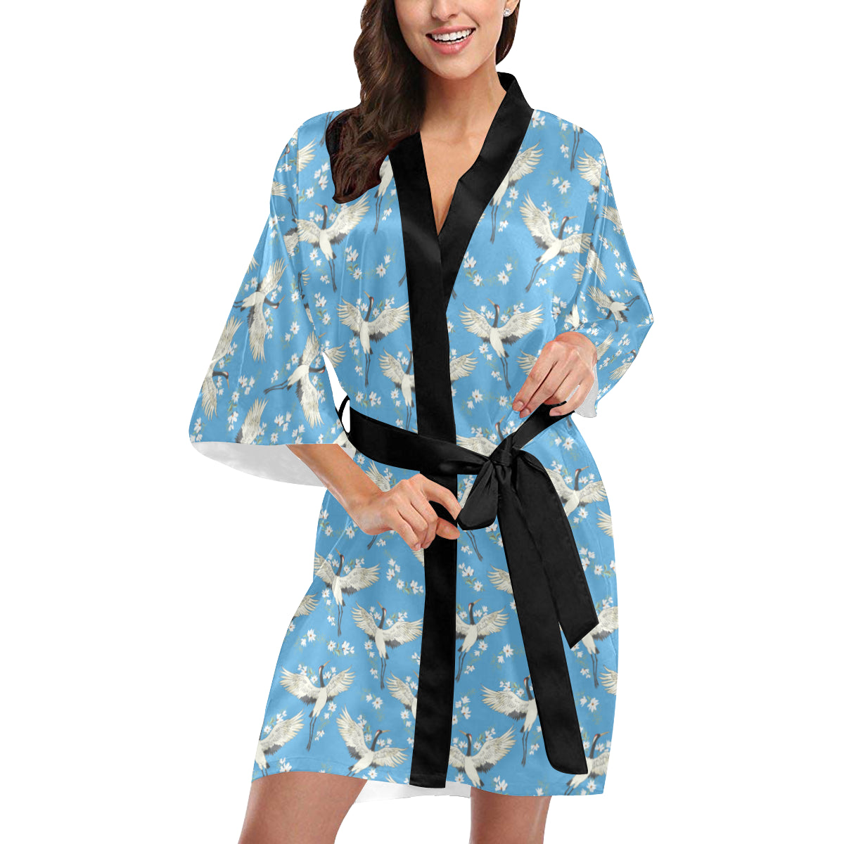 Crane Pattern Print Design 03 Women's Short Kimono