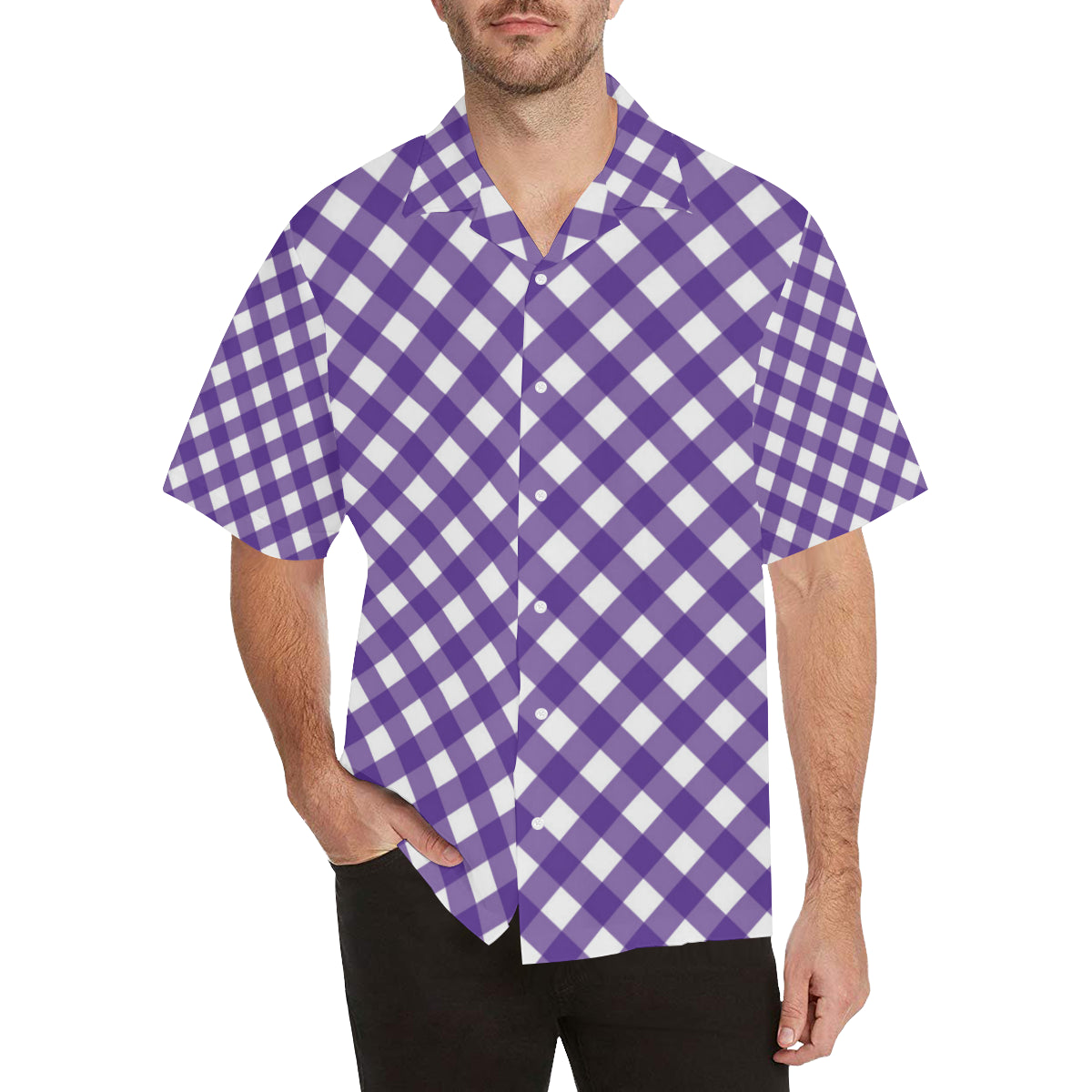 Gingham Purple Pattern Print Design 03 Men's Hawaiian Shirt