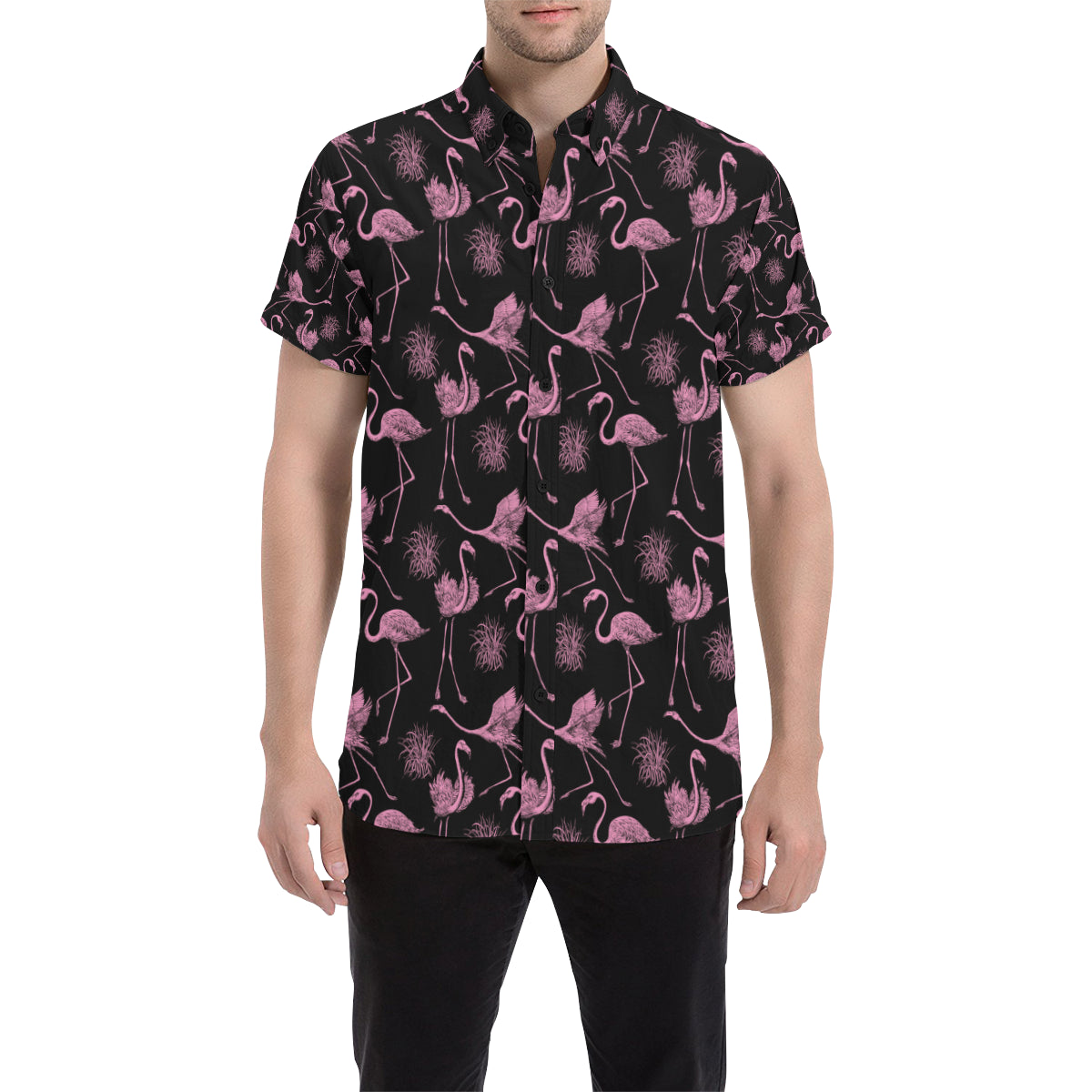 Flamingo Pink Print Pattern Men's Short Sleeve Button Up Shirt