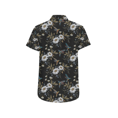 Hummingbird with Embroidery Themed Print Men's Short Sleeve Button Up Shirt