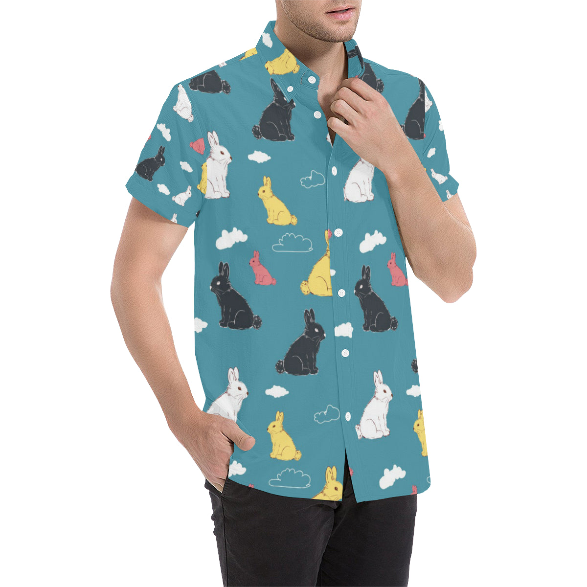 Rabbit Pattern Print Design RB014 Men's Short Sleeve Button Up Shirt