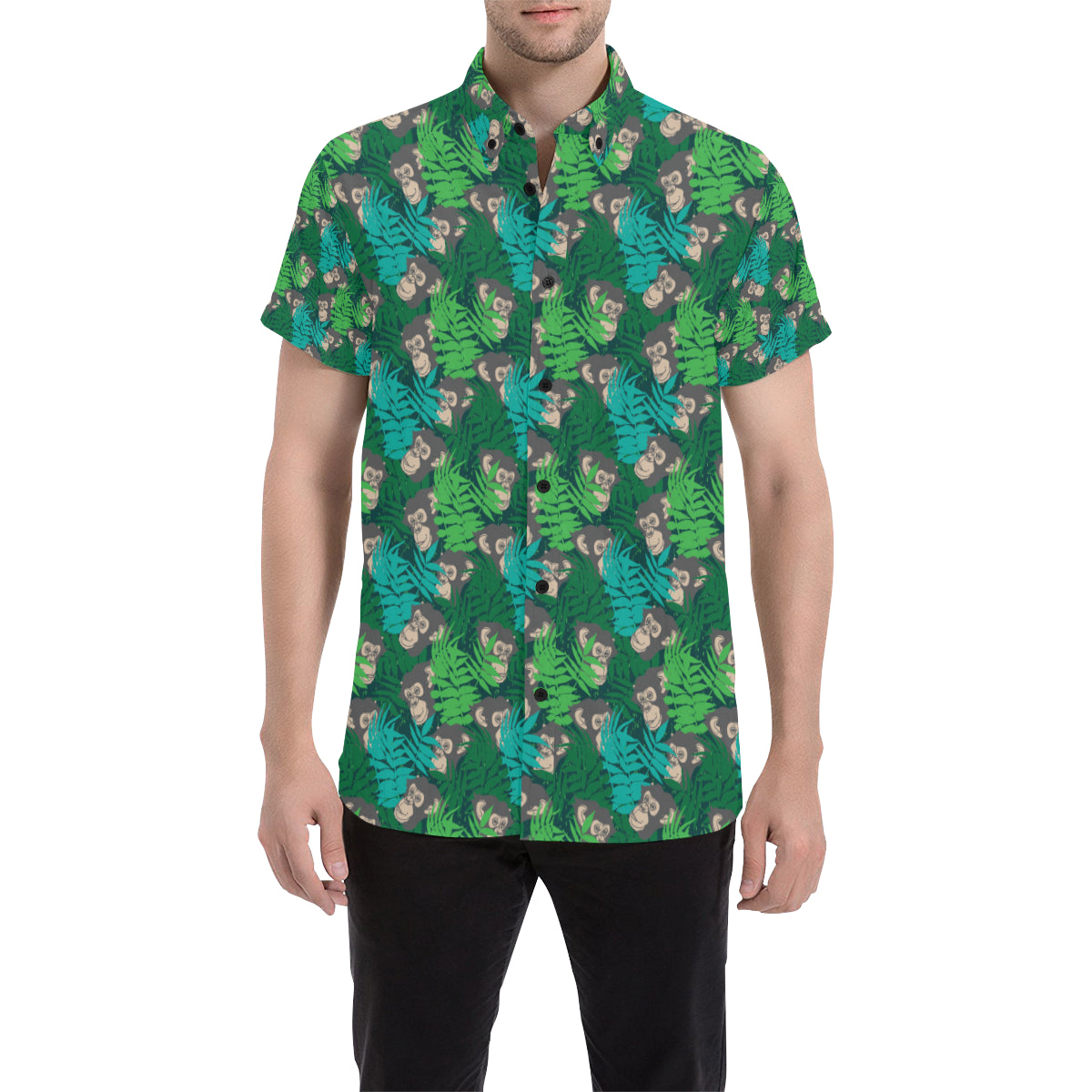 Chimpanzee Pattern Print Design 01 Men's Short Sleeve Button Up Shirt