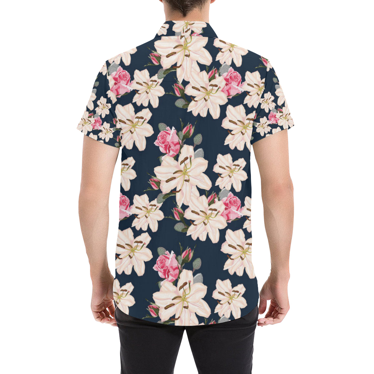 Lily Pattern Print Design LY04 Men's Short Sleeve Button Up Shirt