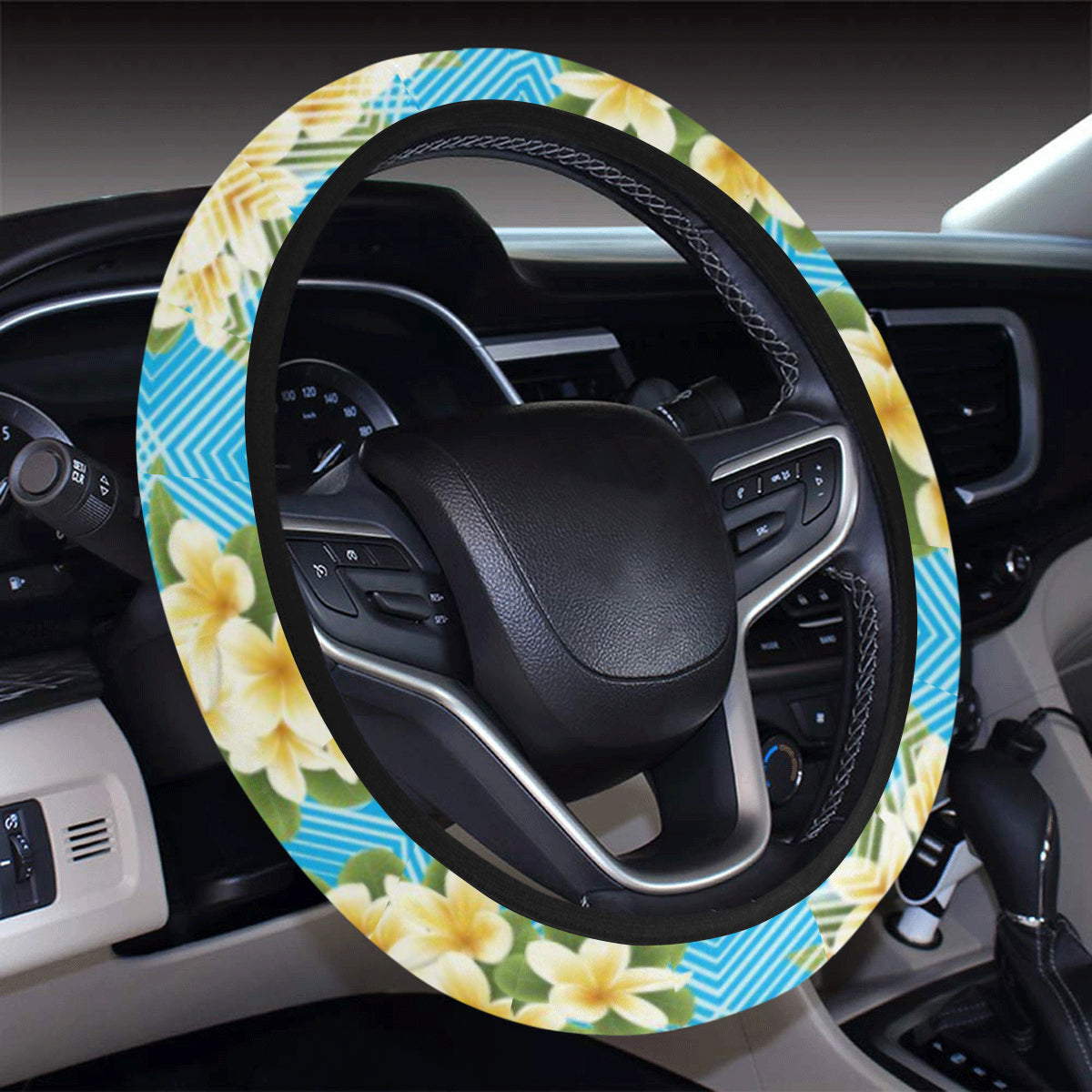 Yellow Plumeria Design Print Pattern Steering Wheel Cover with Elastic Edge