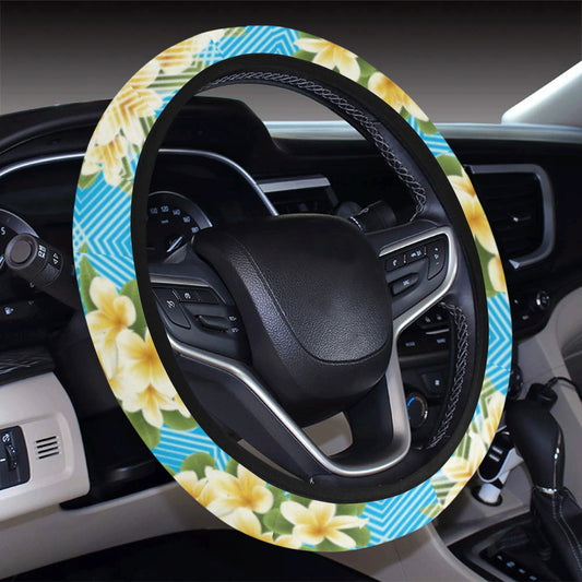 Yellow Plumeria Design Print Pattern Steering Wheel Cover with Elastic Edge