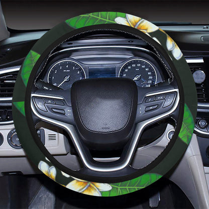 White Plumeria Pattern Print Design PM023 Steering Wheel Cover with Elastic Edge