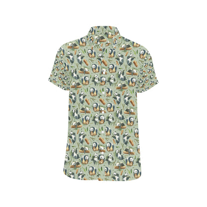 Panda Bear Design Bamboo Print Men's Short Sleeve Button Up Shirt