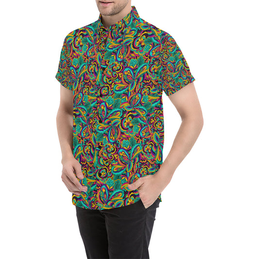 Psychedelic Trippy Floral Design Men's Short Sleeve Button Up Shirt