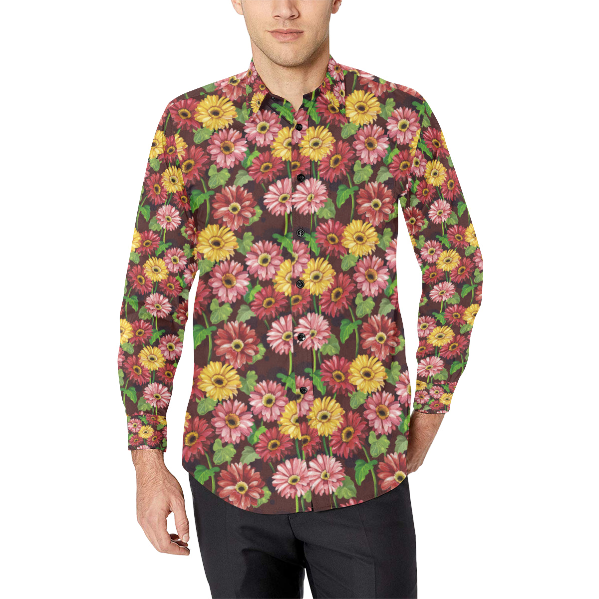 Daisy Gerbera Print Pattern Men's Long Sleeve Shirt