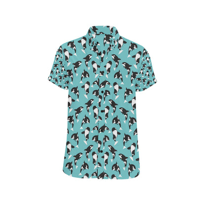 Whale Action Design Themed Print Men's Short Sleeve Button Up Shirt