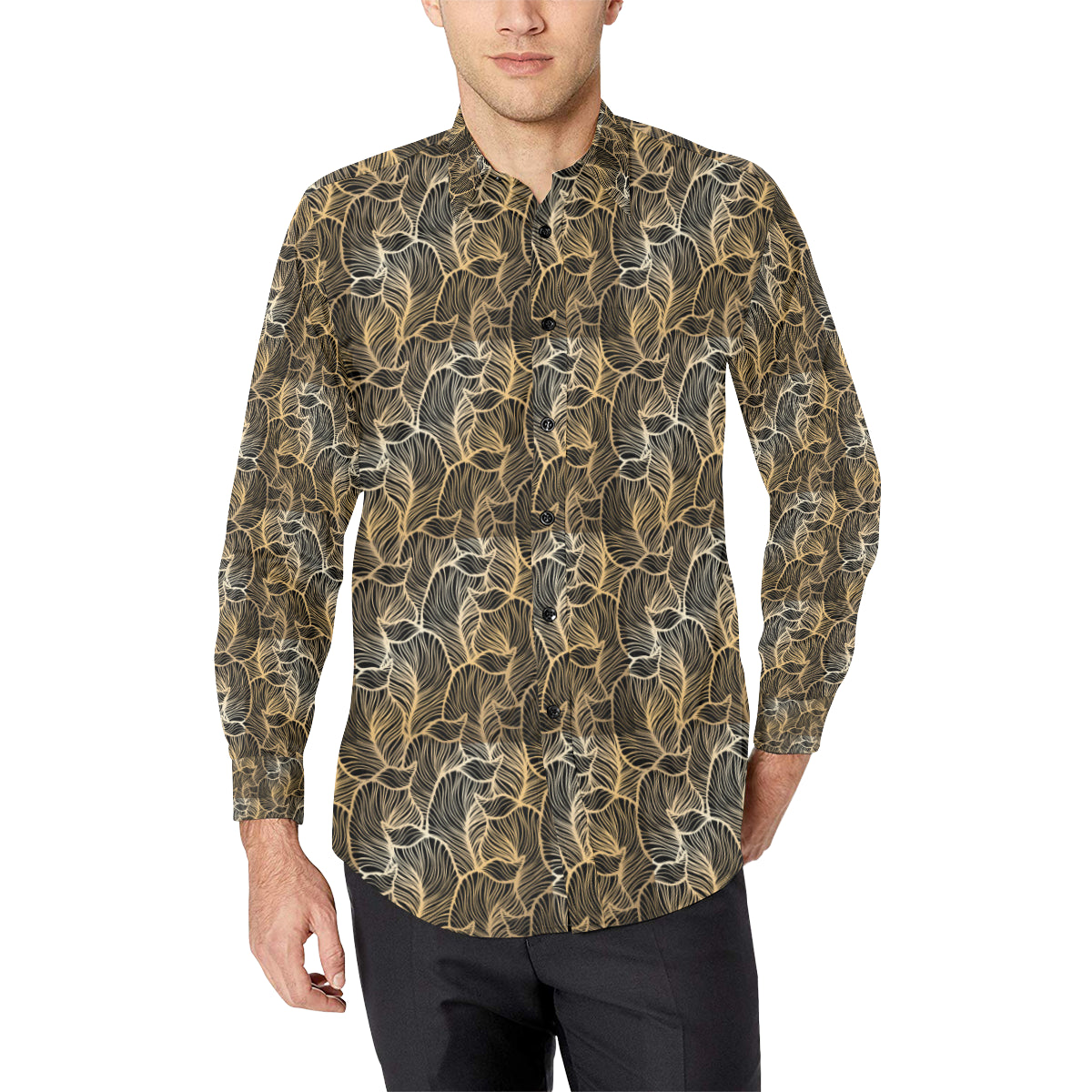 Elegant Gold leaf Print Men's Long Sleeve Shirt