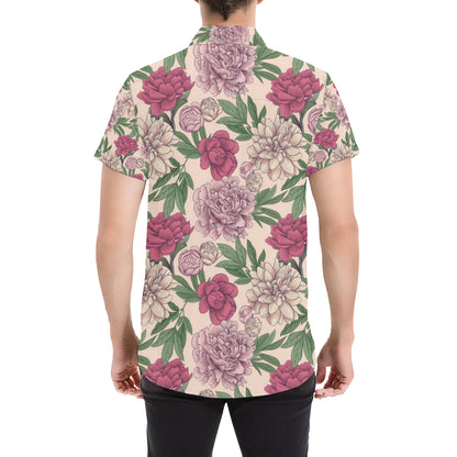 Peony Pattern Print Design A01 Men's Short Sleeve Button Up Shirt