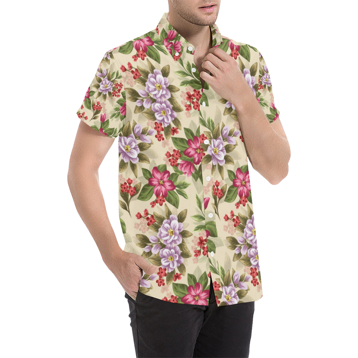 Summer Floral Pattern Print Design SF08 Men's Short Sleeve Button Up Shirt
