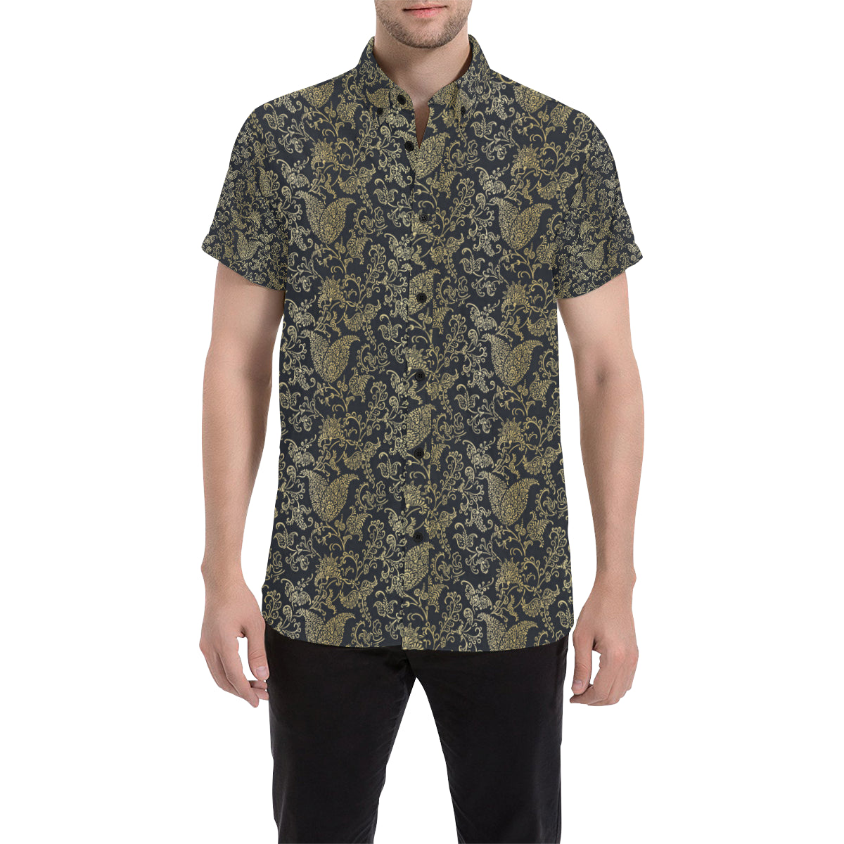 Brocade Pattern Print Design 04 Men's Short Sleeve Button Up Shirt