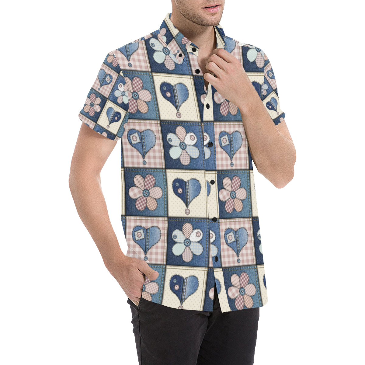 Patchwork Heart Flower Pattern Print Design 01 Men's Short Sleeve Button Up Shirt
