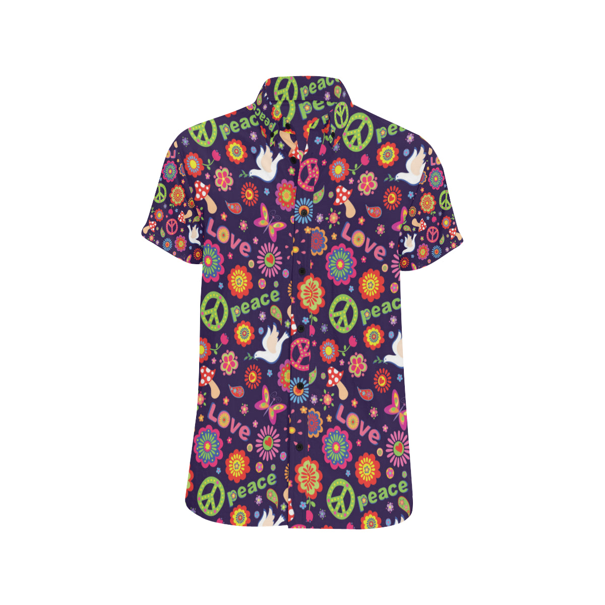 Flower Power Peace Design Print Men's Short Sleeve Button Up Shirt