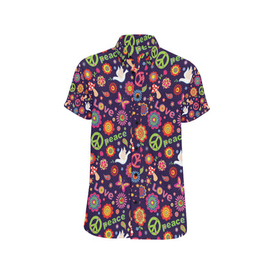 Flower Power Peace Design Print Men's Short Sleeve Button Up Shirt