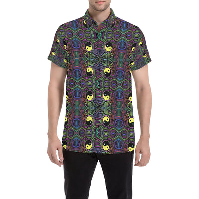 Yin Yang Neon Color Design Print Men's Short Sleeve Button Up Shirt