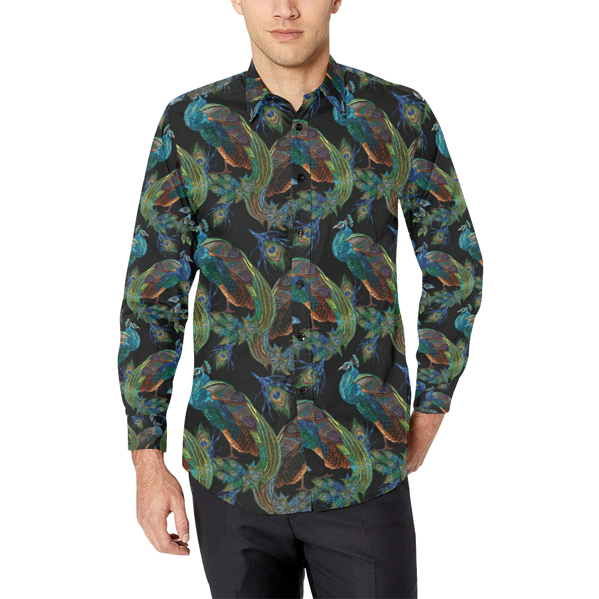 Peacock Pattern Print Design A04 Men's Long Sleeve Shirt