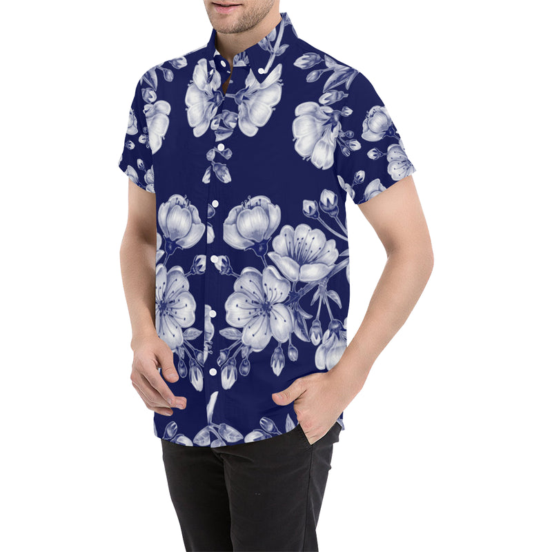 Cherry Blossom Pattern Print Design CB01 Men's Short Sleeve Button Up Shirt