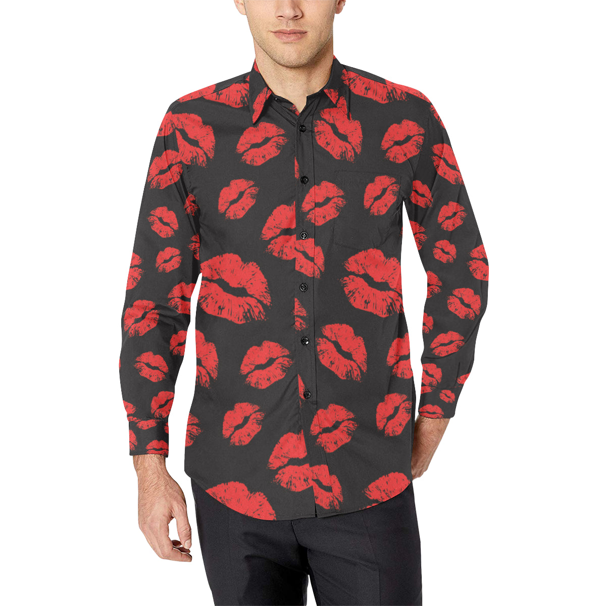 Lip Red Pattern Print Design 02 Men's Long Sleeve Shirt