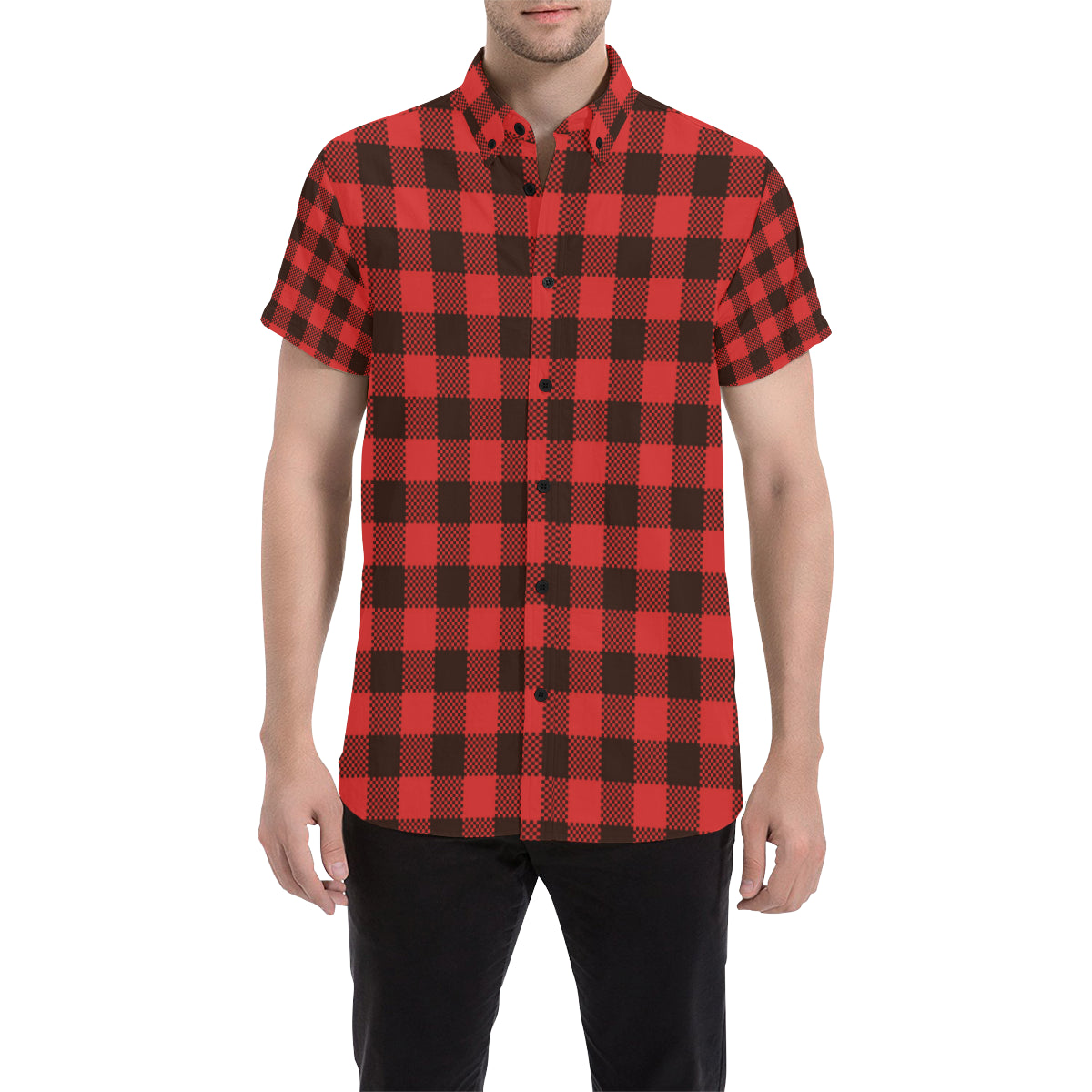 Buffalo check Red Pattern Print Design 05 Men's Short Sleeve Button Up Shirt