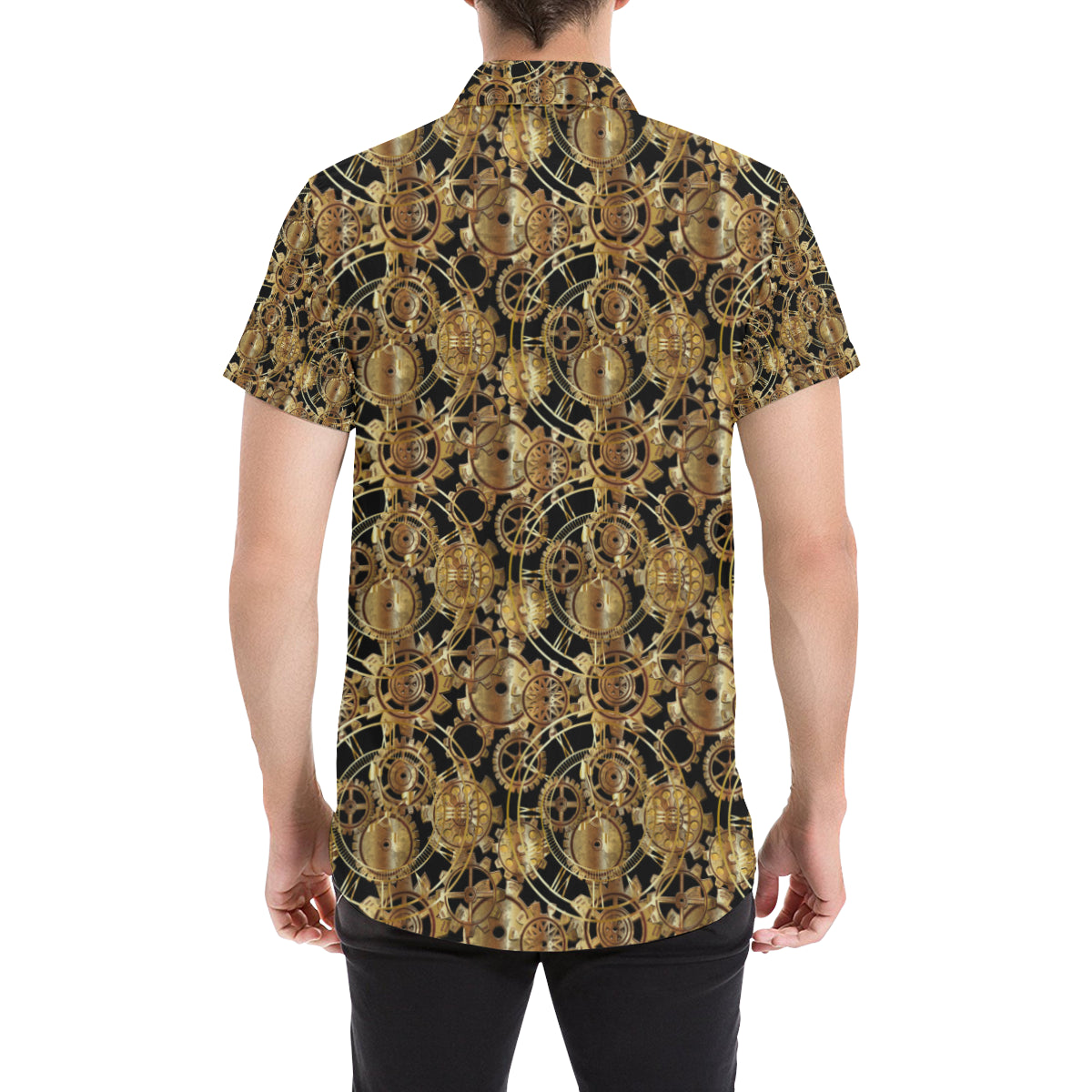 Steampunk Gear Design Themed Print Men's Short Sleeve Button Up Shirt
