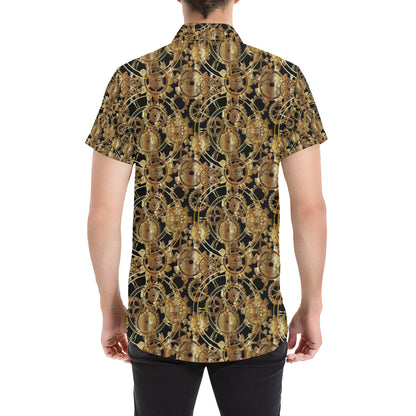 Steampunk Gear Design Themed Print Men's Short Sleeve Button Up Shirt