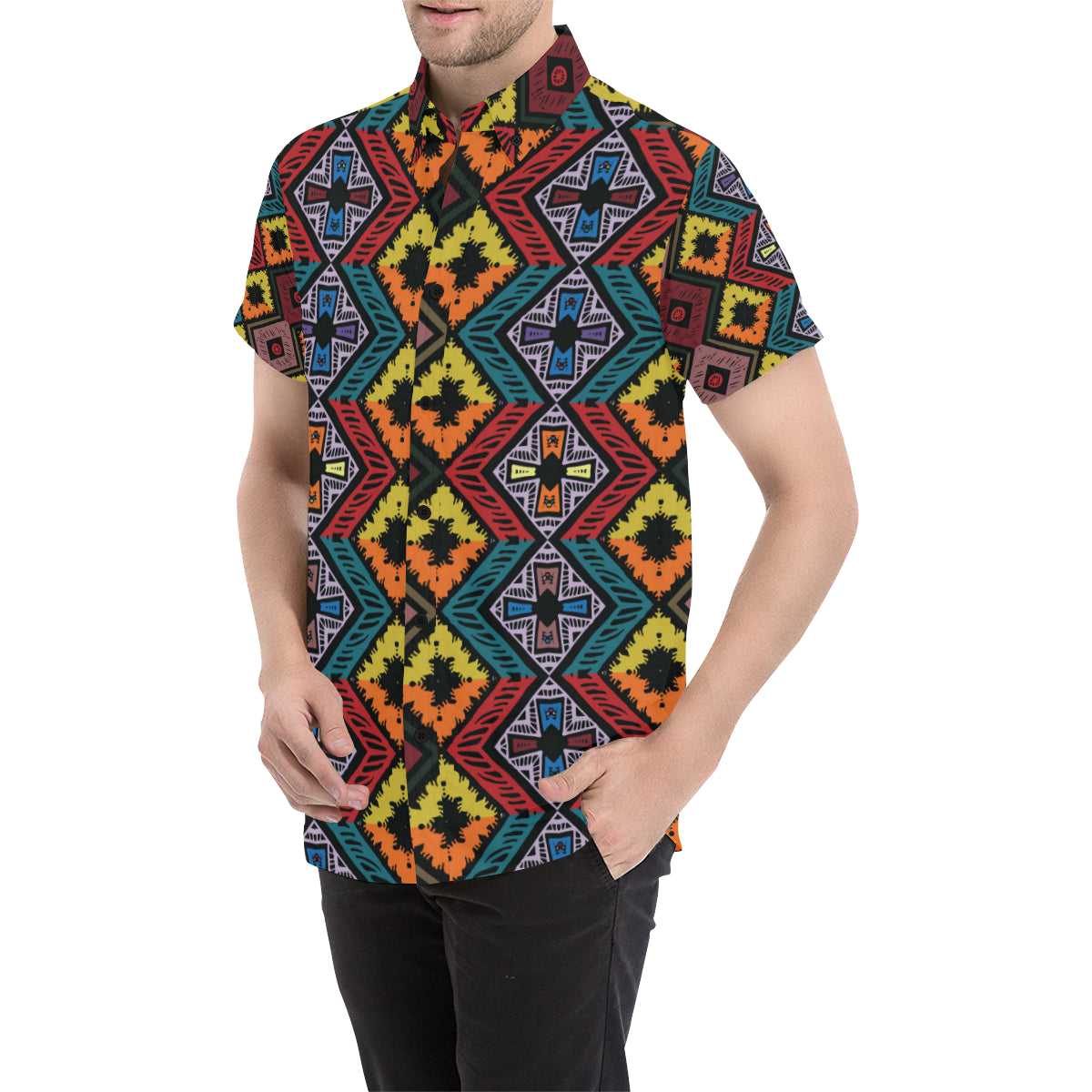 African Pattern Print Design 08 Men's Short Sleeve Button Up Shirt