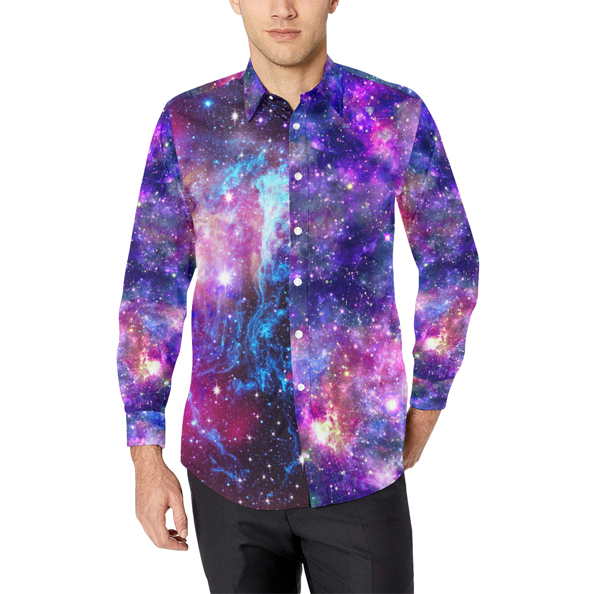 Galaxy Night Purple Space Print Men's Long Sleeve Shirt