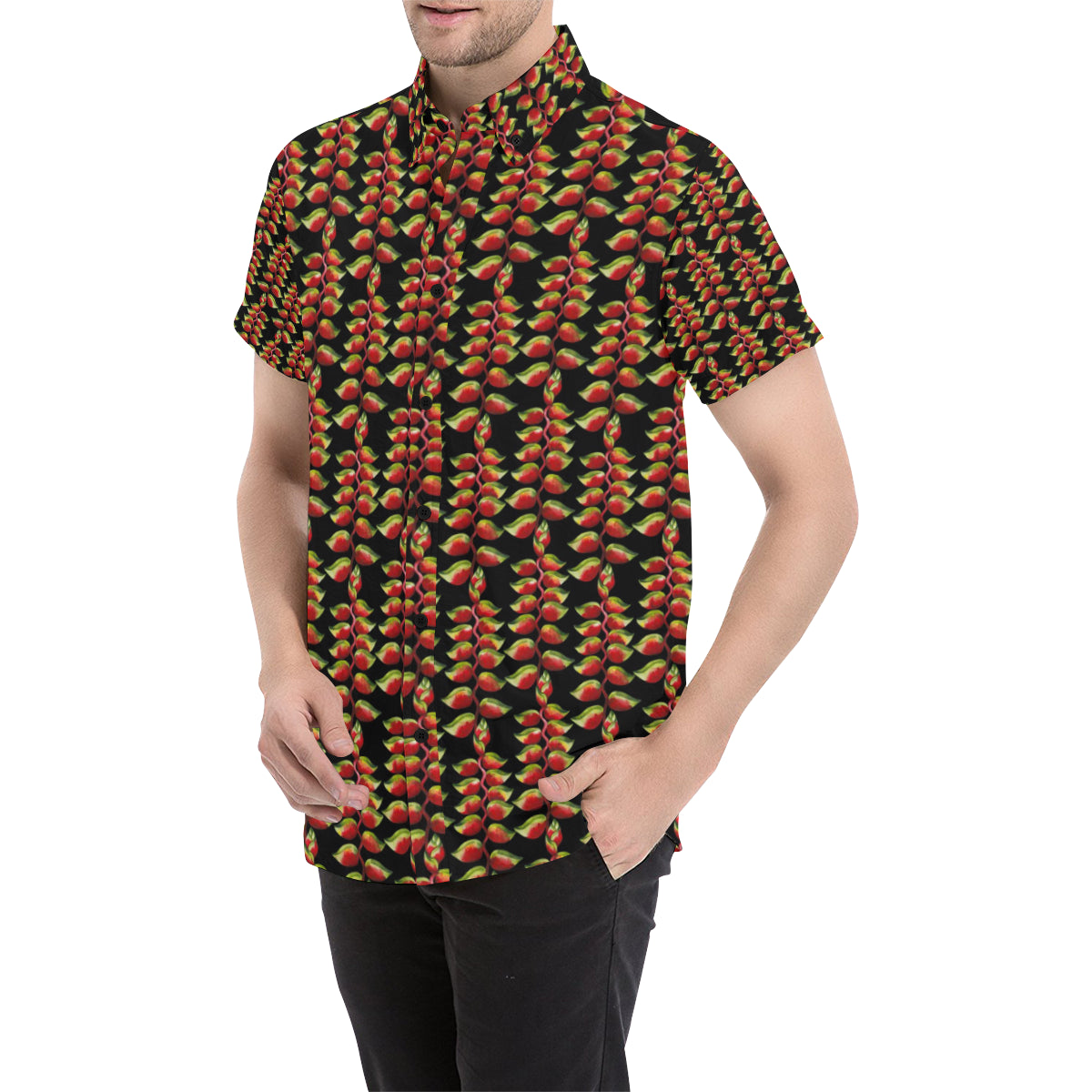 Heliconia Pattern Print Design HL05 Men's Short Sleeve Button Up Shirt