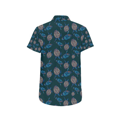 Sea Turtle Hand Drawn Blue Print Men's Short Sleeve Button Up Shirt