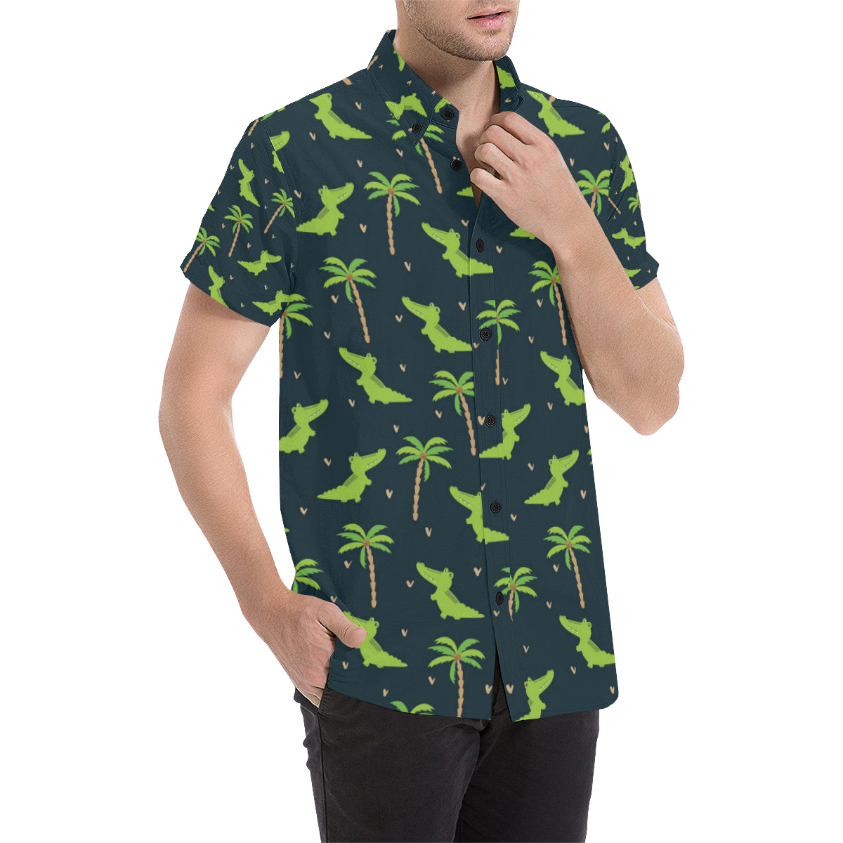 Alligator Pattern Print Design 02 Men's Short Sleeve Button Up Shirt