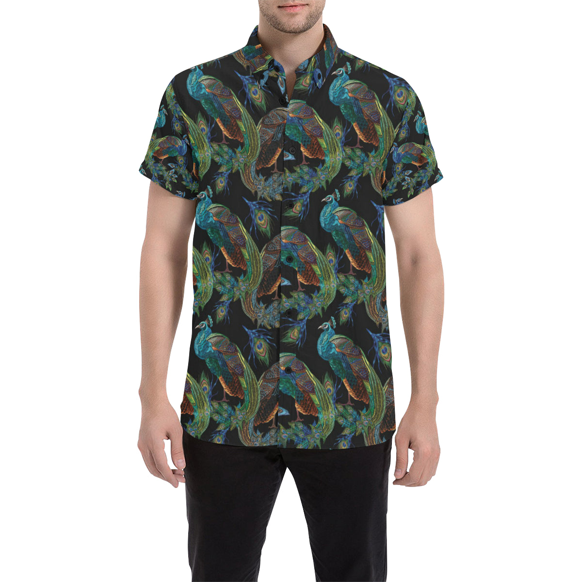 Peacock Pattern Print Design A04 Men's Short Sleeve Button Up Shirt