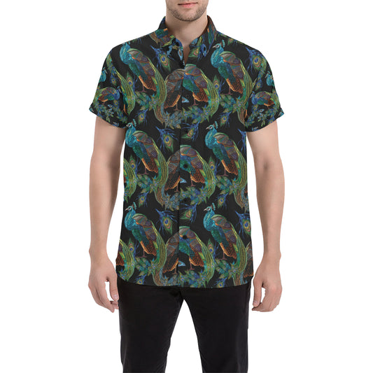 Peacock Pattern Print Design A04 Men's Short Sleeve Button Up Shirt