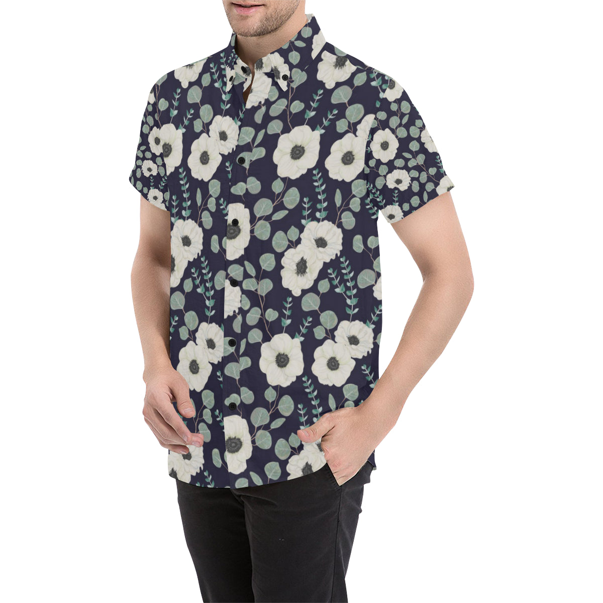 Anemone Pattern Print Design AM01 Men's Short Sleeve Button Up Shirt