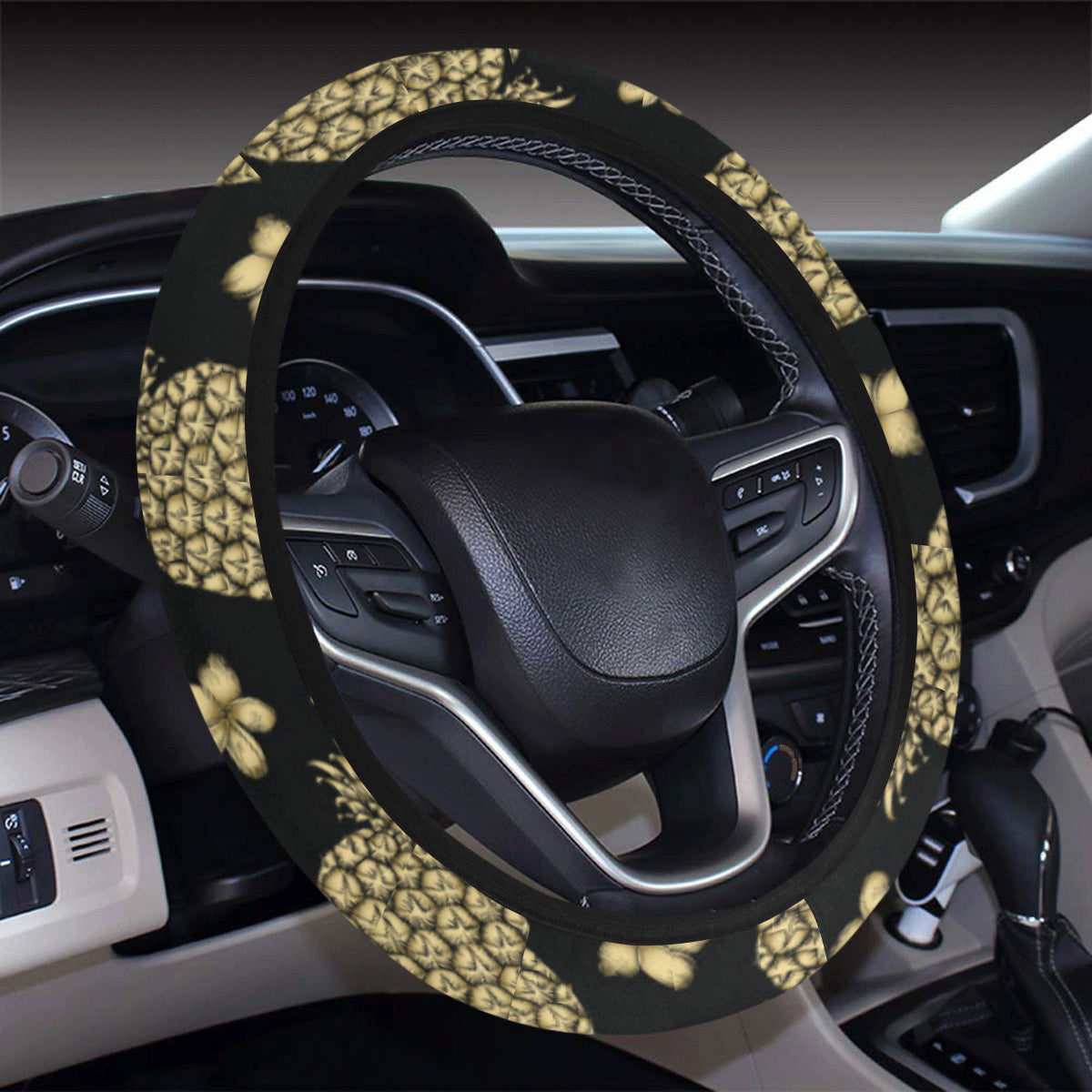 Gold Pineapple Hibiscus Steering Wheel Cover with Elastic Edge