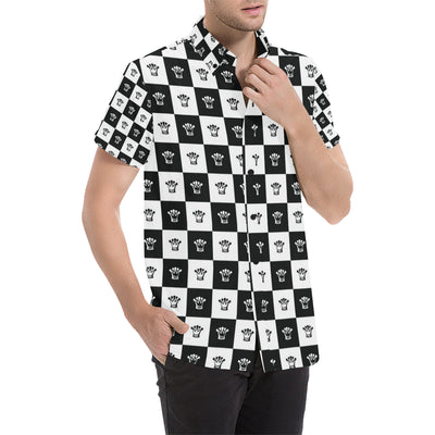 Checkered Flag Crown Pattern Men's Short Sleeve Button Up Shirt