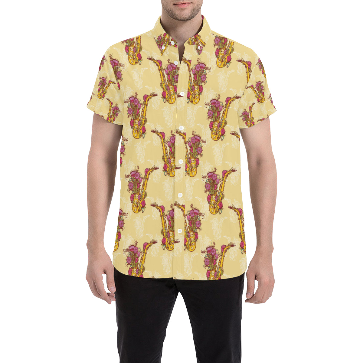 Saxophone Pattern Print Design 04 Men's Short Sleeve Button Up Shirt