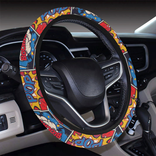 Comic Book Pattern Print Design 03 Steering Wheel Cover with Elastic Edge