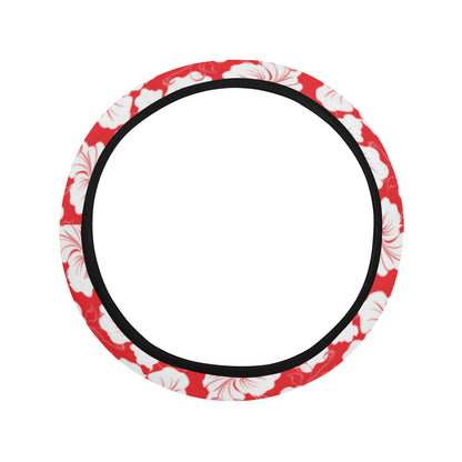 Flower Hawaiian Hibiscus Red Background Print Steering Wheel Cover with Elastic Edge